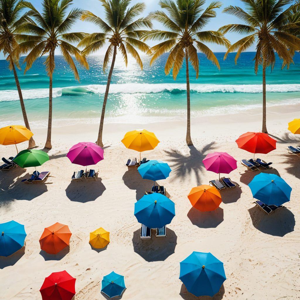 A sun-drenched beach setting featuring an array of stylish swimwear options displayed elegantly on a white sandy shore. Include vibrant swimsuits and cover-ups, beach umbrellas, and tropical palm trees in the background. The scene should evoke a sense of relaxation and luxury, highlighting both casual and resort-style swimwear. Capture the sparkle of the ocean waves reflecting the sunlight. vibrant colors. super-realistic.